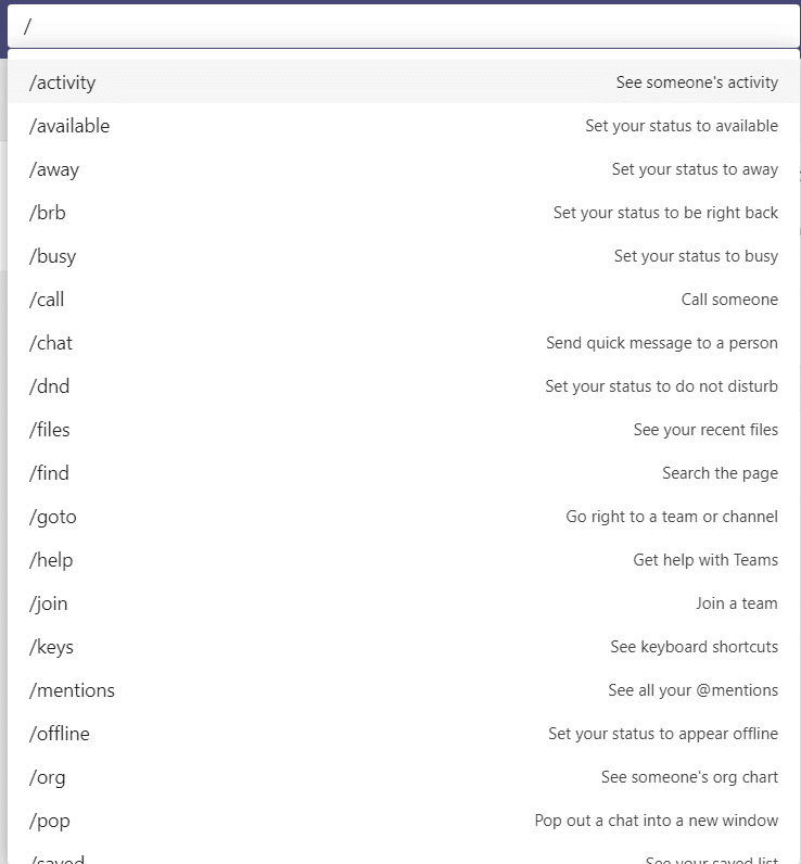 drop down menu of slash command feature of microsoft teams