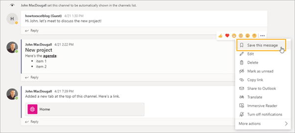 displays a message with a drop-down menu that has the option to bookmark the message in microsoft teams