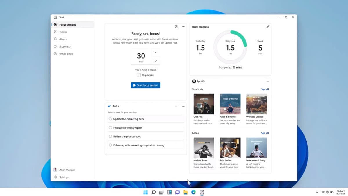 start page of focus sessions feature in windows 11
