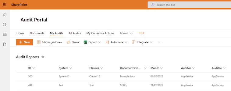 A SharePoint list showing all of the audit report items in the audit portal