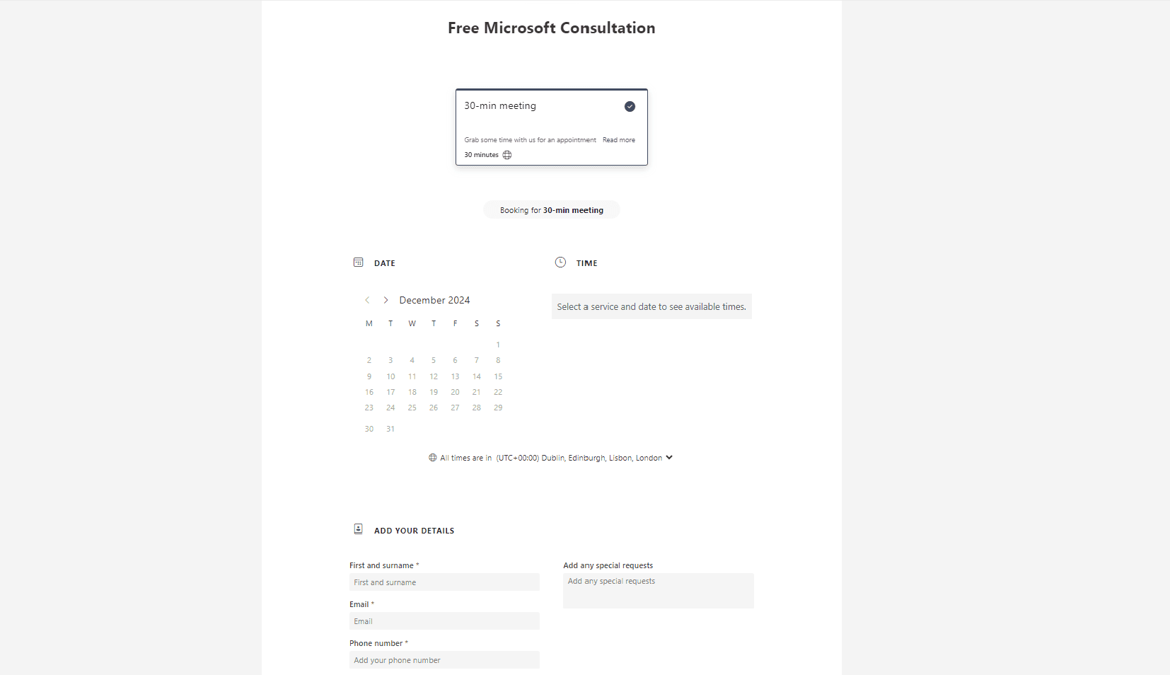 Free Microsoft Consultation via Microsoft Bookings contact page