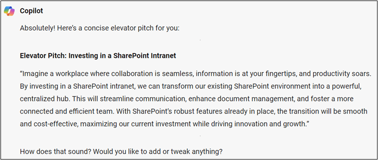 SharePoint Pitch written with Copilot