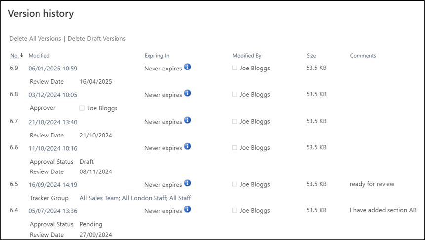 version history in sharepoint
