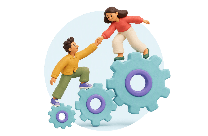 Woman helping man up on cogs